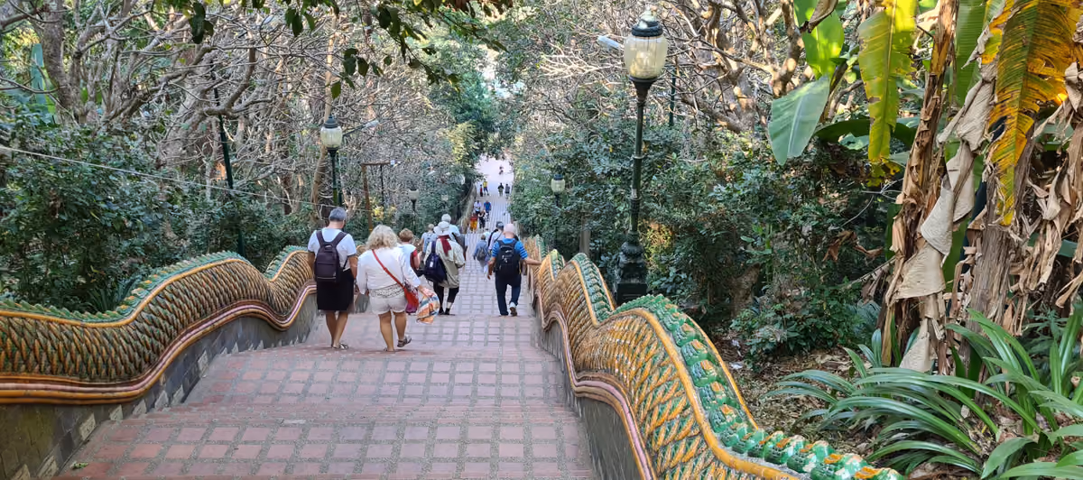 A wide brick staircase between two long serpent-shaped balustrades in green and gold, running down through tropical trees, with visitors walking down it