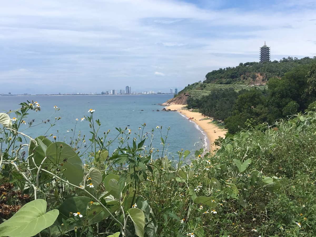 A green hillside above a small sandy cove, with the many-tiered tower of the Linh Ung Pagoda on the hill and the Da Nang skyline across the bay